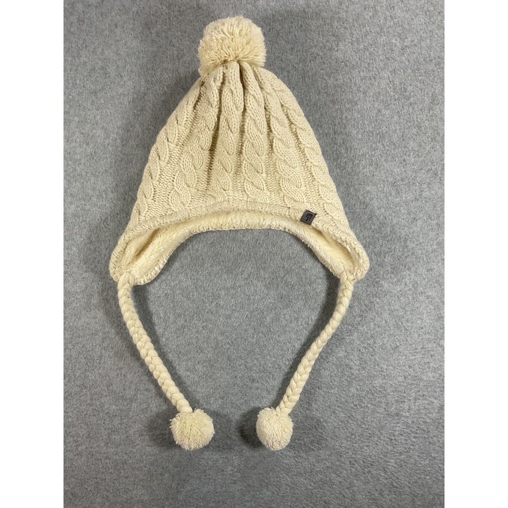 The North Face Cream Cable Knit Trapper Hat Pom Pom Fleece Lined Beanie OS